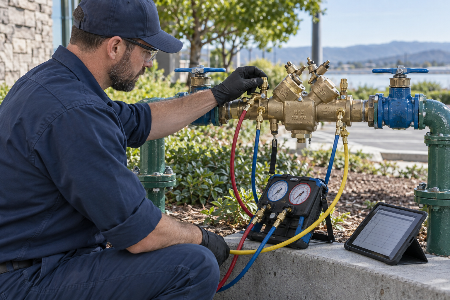Illustrative backflow tester using a pressure test kit and digital records
