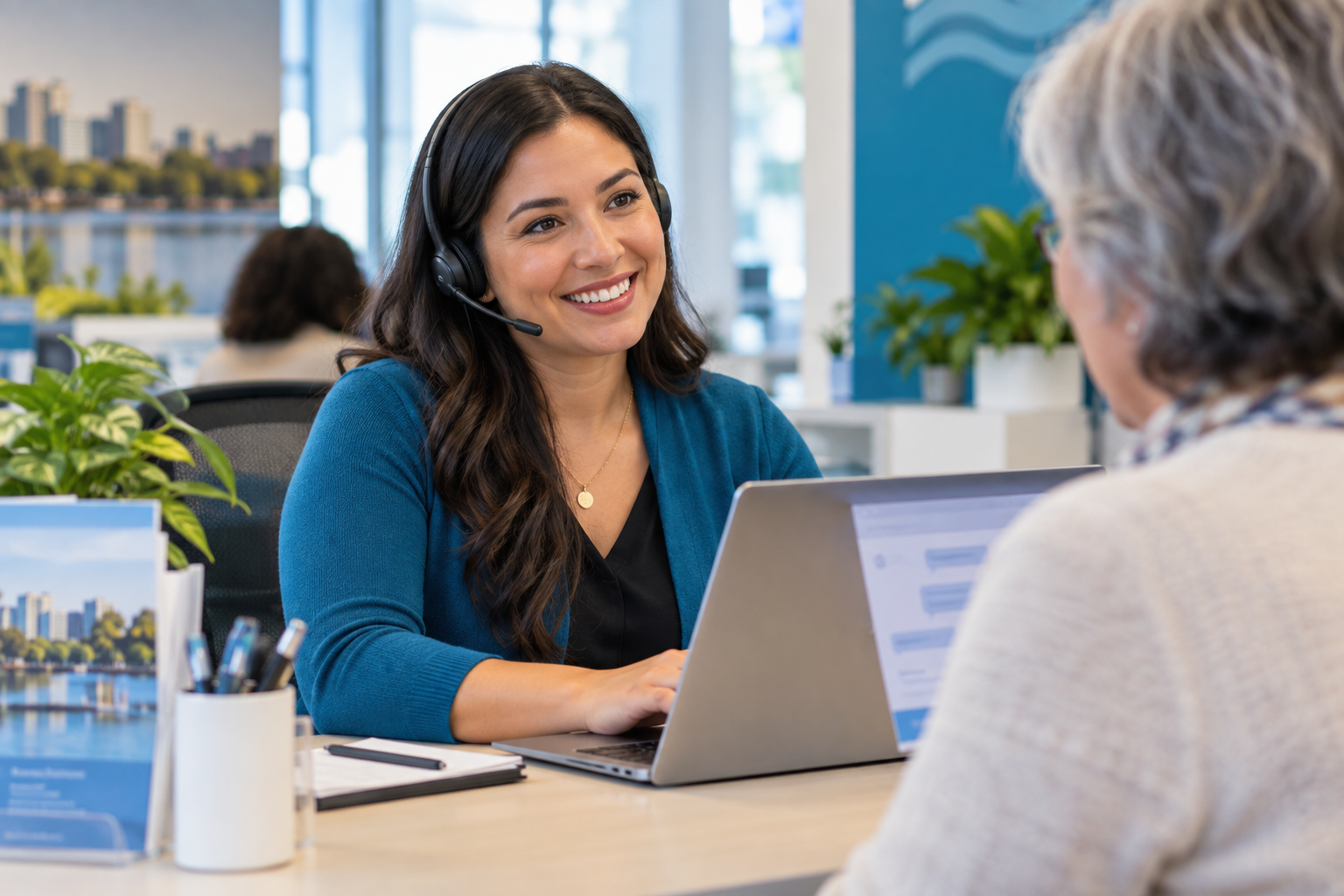 Illustrative customer service professional helping a utility customer