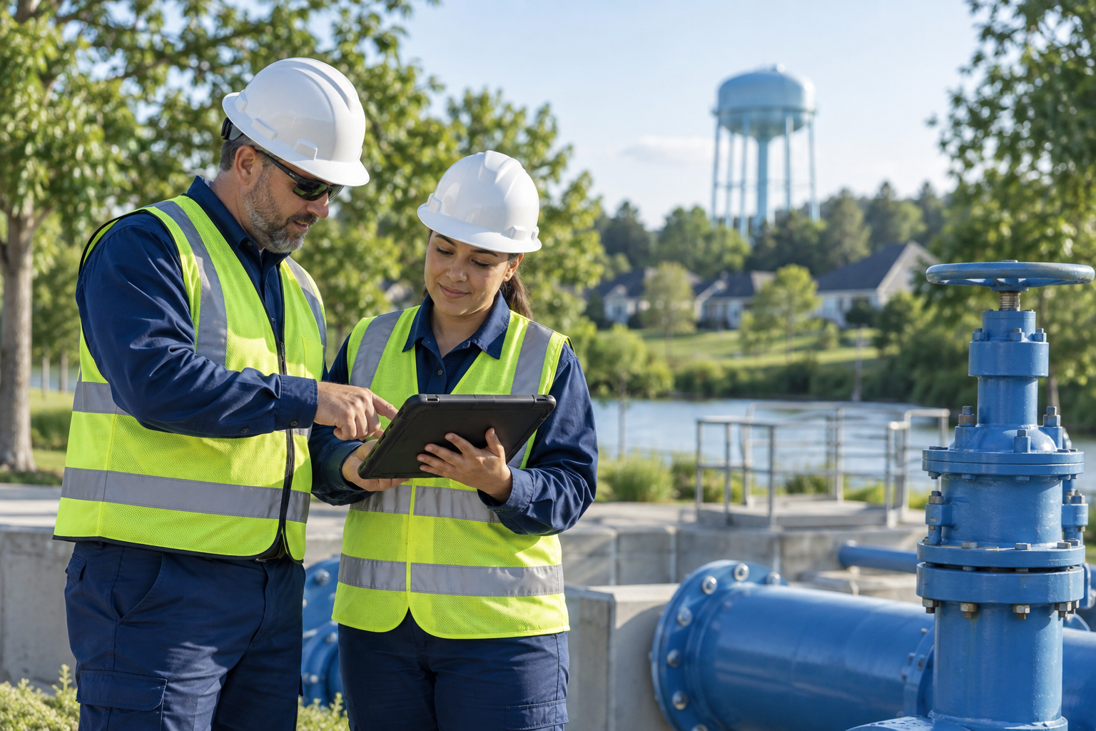 Illustrative utility field professionals reviewing information beside water infrastructure
